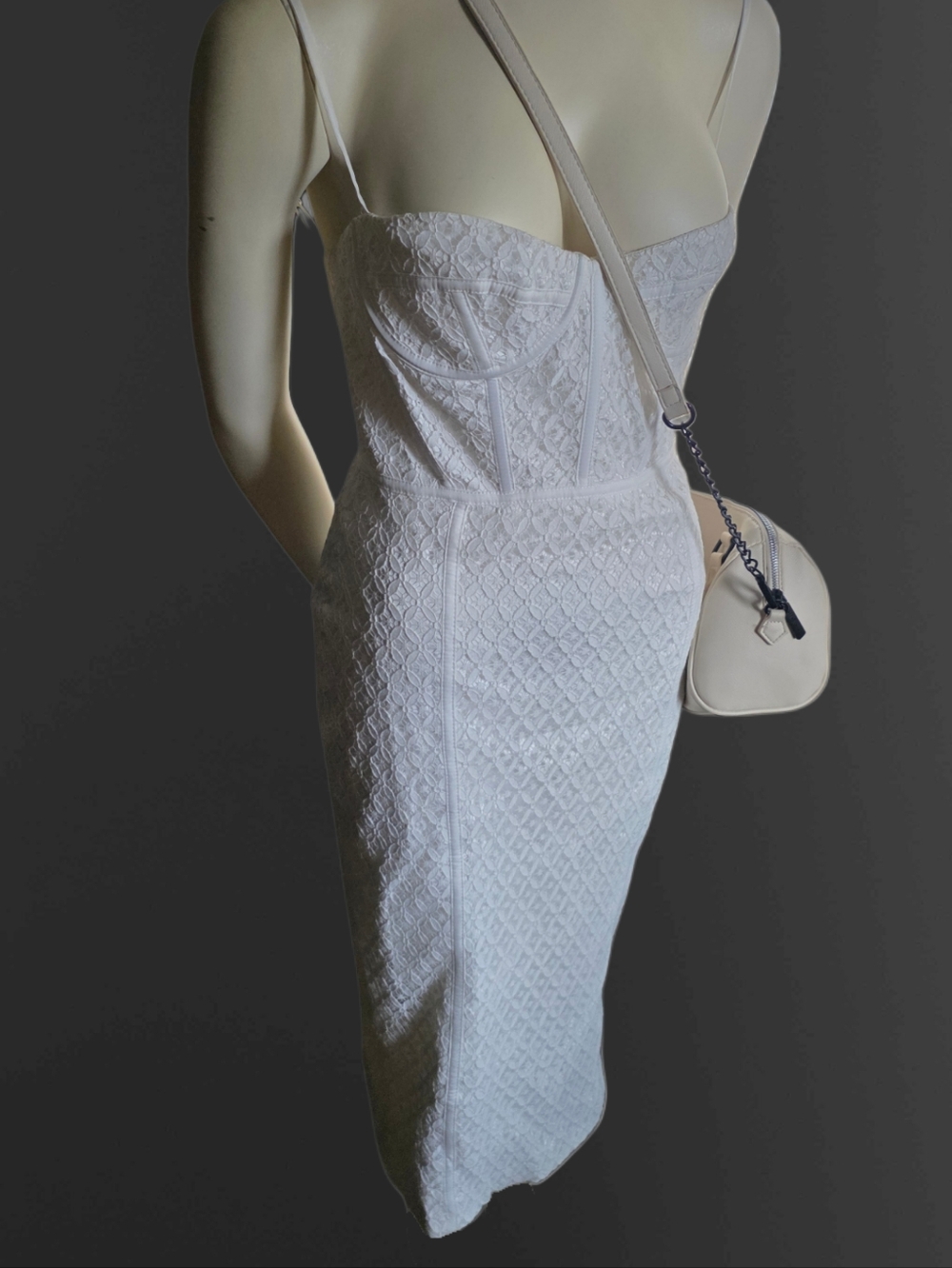 Bardot White Corset Midi Dress NWT Textured Lace Bustier US 8 Bridal Minimal